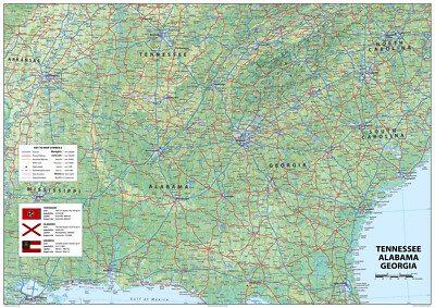 Tenessee, Alabama, Georgia  USA Physical Map - Laminated 84.1cm x 59.4cm
