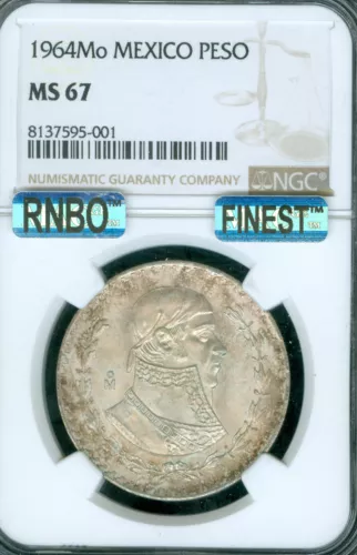 1964 MEXICO SILVER MORELOS PESO NGC MS67 PQ MAC FINEST & RAINBOW *