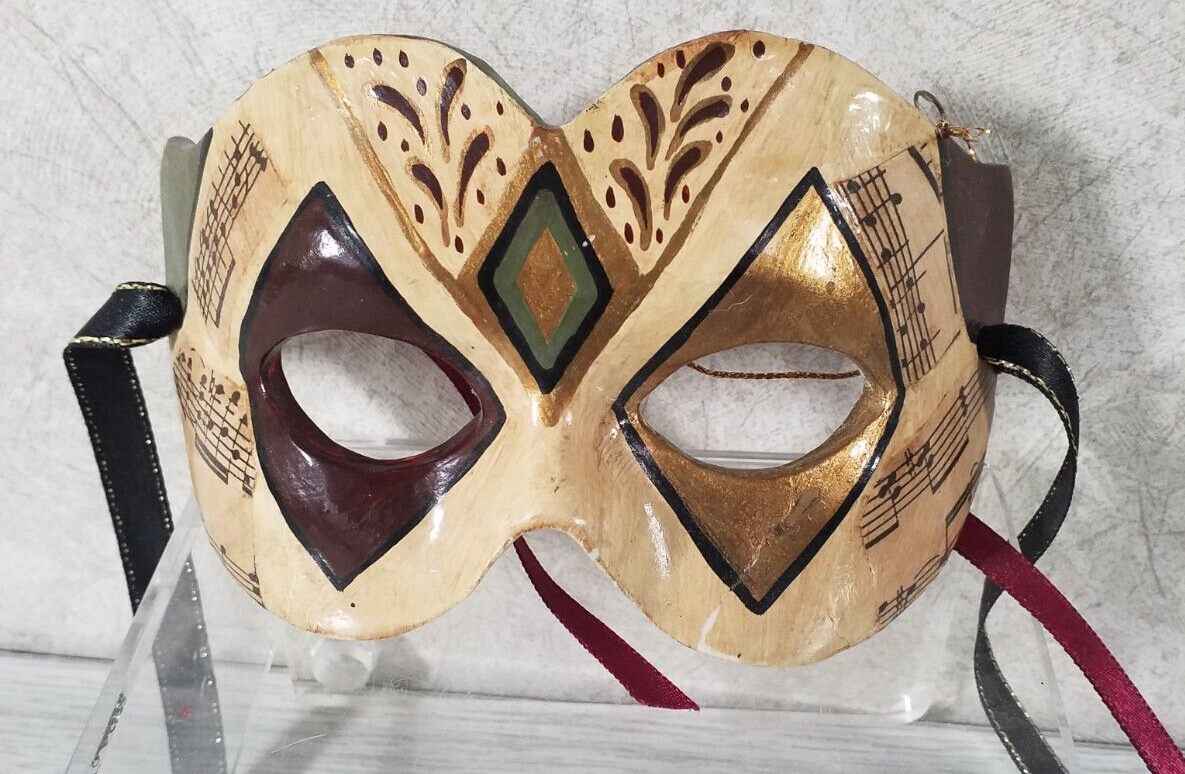 Renaissance Eye Mask Masquerade Venetian Harlequin Music Notes Green Brown Gold-image