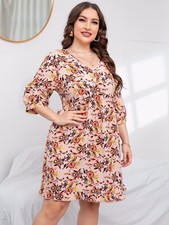 Shein Plus Floral Print Bishop Sleeve Ruffle Hem Dress Size 22 (3XL)