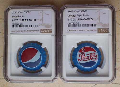 A Pair of NGC PF70 Chad Silver (6g for Each) Coins - Vintage Pepsi Bottle Cap