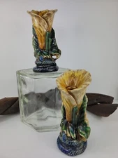 MOJOLICA Vtg Ceramic Figural Pair Calla Lily Blue Serpent Snakes Candle Holders 