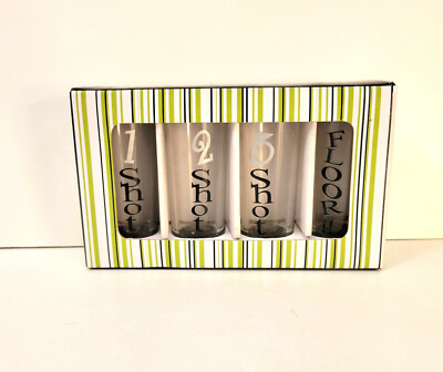 Funny Shot Glasses Set of Four, 1 Shot, 2 Shot, 3 Shot, Floor NIB