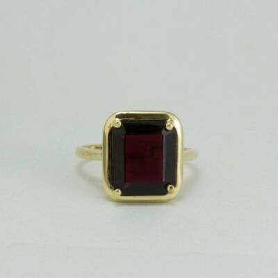 3 Ct Emerald Cut Simulated Red Garnet Women Wedding Ring 14K Yellow Gold Finish