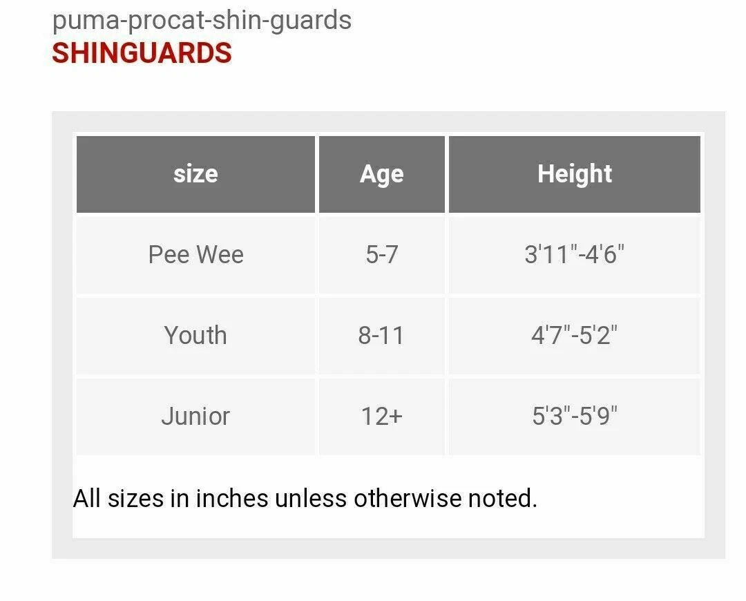 Puma shin guards sales size chart