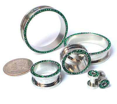 PAIR Dark Green Cubic Zirconia Gem Rimmed Steel Screw Fit Tunnels Plugs Gauges