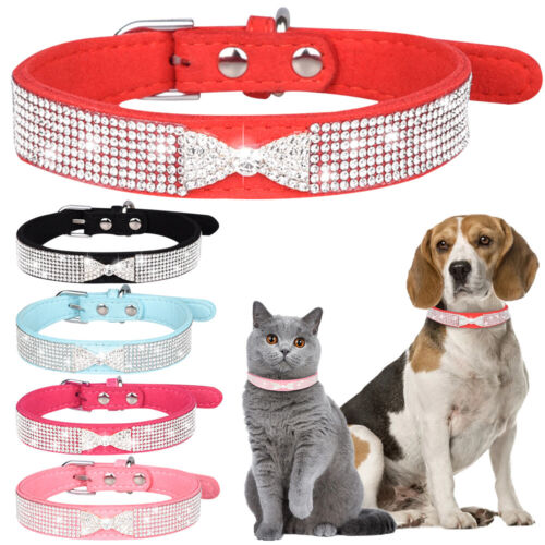 Dog Rhinestone Collar Leather Pet Bling Studded Necklace For Small Medium Dogs - Afbeelding 1 van 17