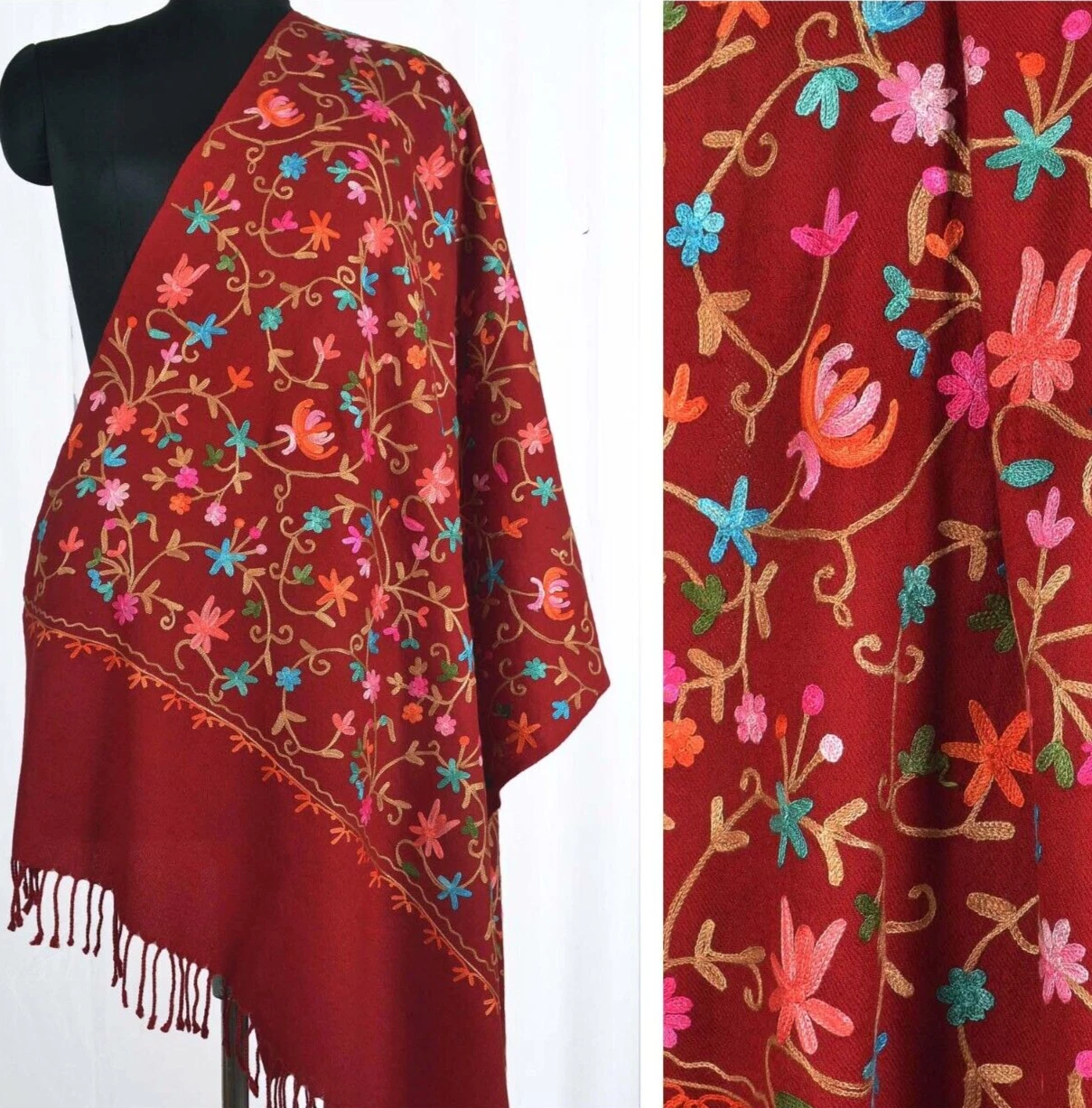 Romantic Red Scarf Floral Hand Embroidered Wrap 100% Cashmere Pashmina Stole