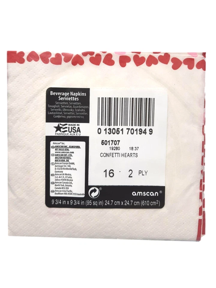 Confetti Hearts Valentines Day 16 Ct Beverage Napkins - Image 3 of 3