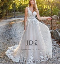 Lace Wedding Dress Custom Made 32-60 Strappy Buttons Ivory Blush Backless