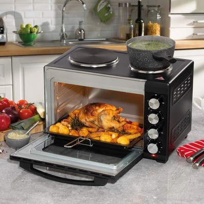 Daewoo 1500W 32L Elektrobackofen & 1000W + 600W Kochplatte Kochfelder 90-230° 60min Timer