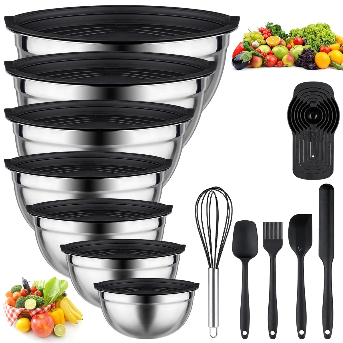 Mixing Bowls with Lids set - 25 PCS Stainless Steel Nesting Black Mixing Bowl...