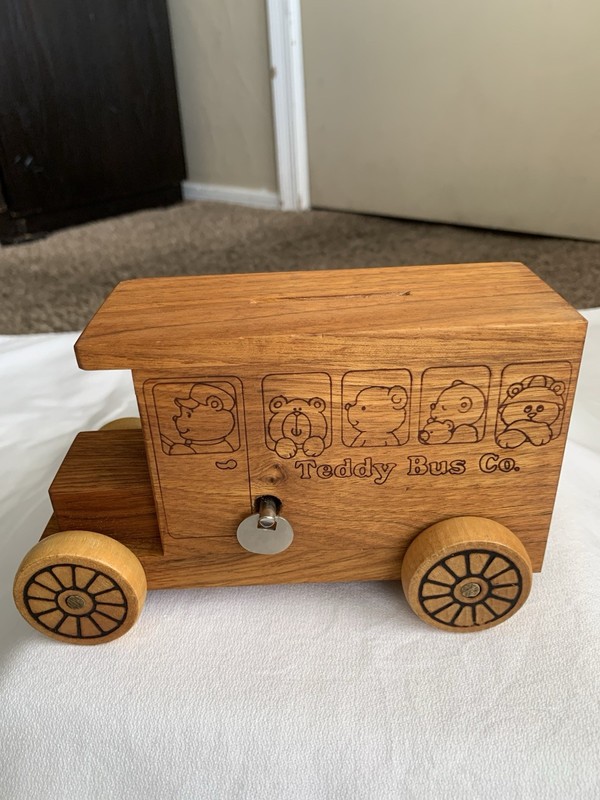 Vtg.  Teddy Bus Co. Wooden Delivery Truck Music Box Coin Bank Toystalgia 1988