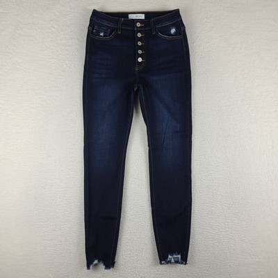 KanCan Jeans Womens 9/28 Skinny Fray Button Fly Blue Dark Wash Denim