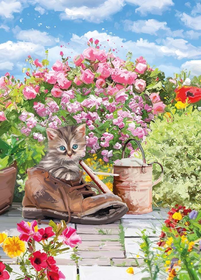 Birthday Card - Tabby Kitten Boot Watering Can - Country Cards NEW