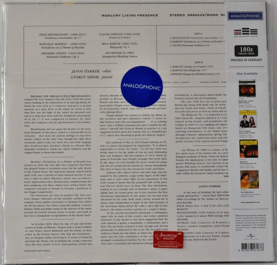 ANALOGPHONIC-MERCURY LIVING PRESENCE LP43187 Cello:STARKER / Piano:SEBOK 180g SS - Image 2 of 2