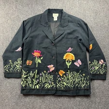 Quacker Factory Jacket Womens Large Floral Butterfly Embroidered Boho Garden