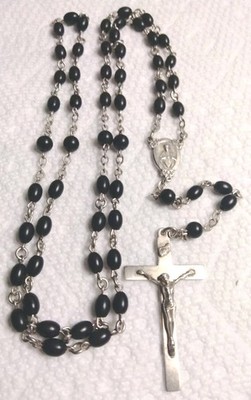 Vintage Mens Sacred Heart 1930's Catholic Sterling Silver Black Wood Bead Rosary
