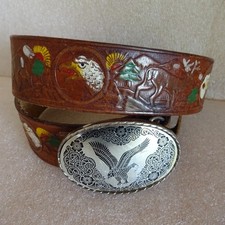 Vtg Tooled  Painted Eagles Elk Leather Belt w/Removable Eagle Buckle Size 36