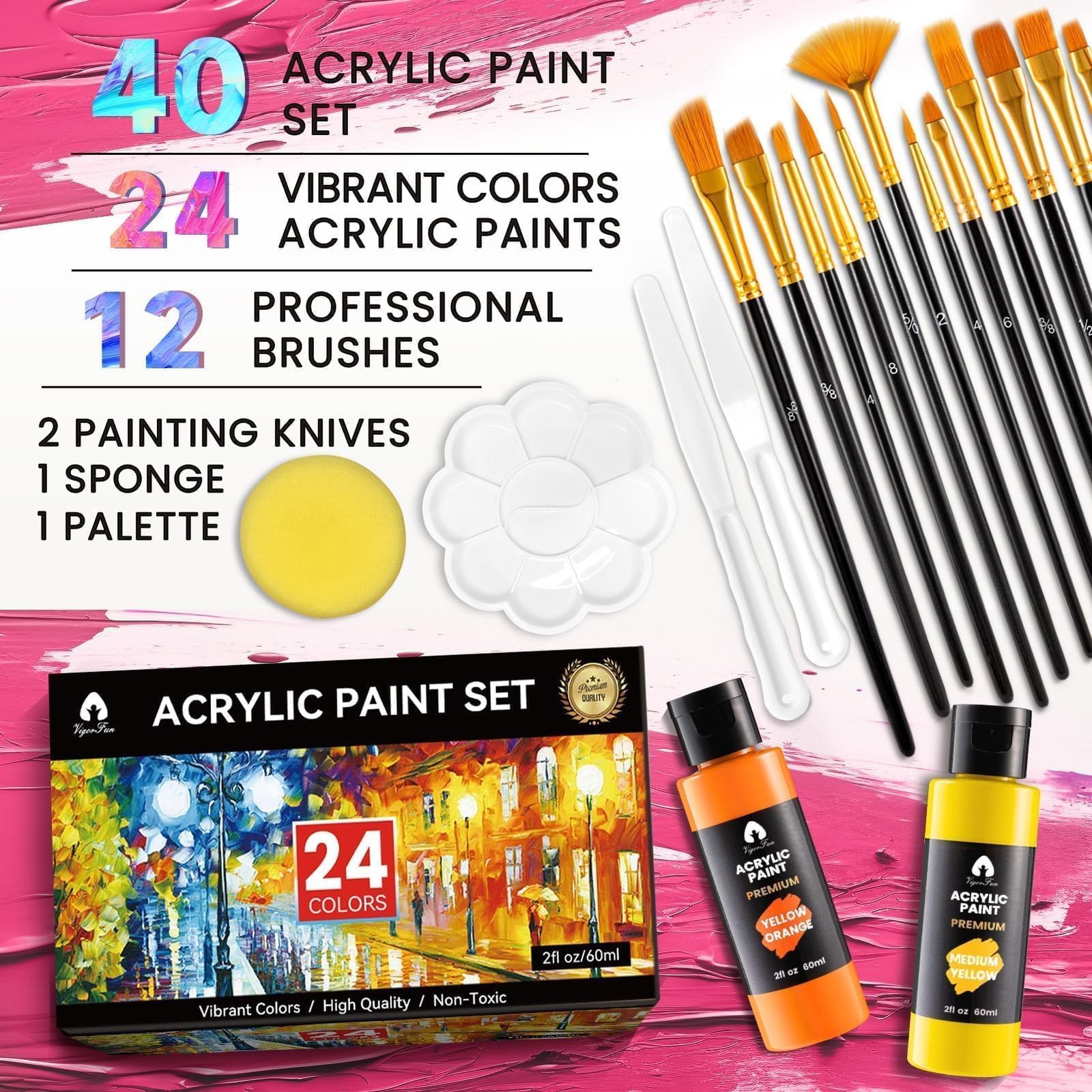 40 Pcs Acrylic Paint Set - 24 Colors (2oz/60ml) with 12 Brushes, 2 Knives & P...