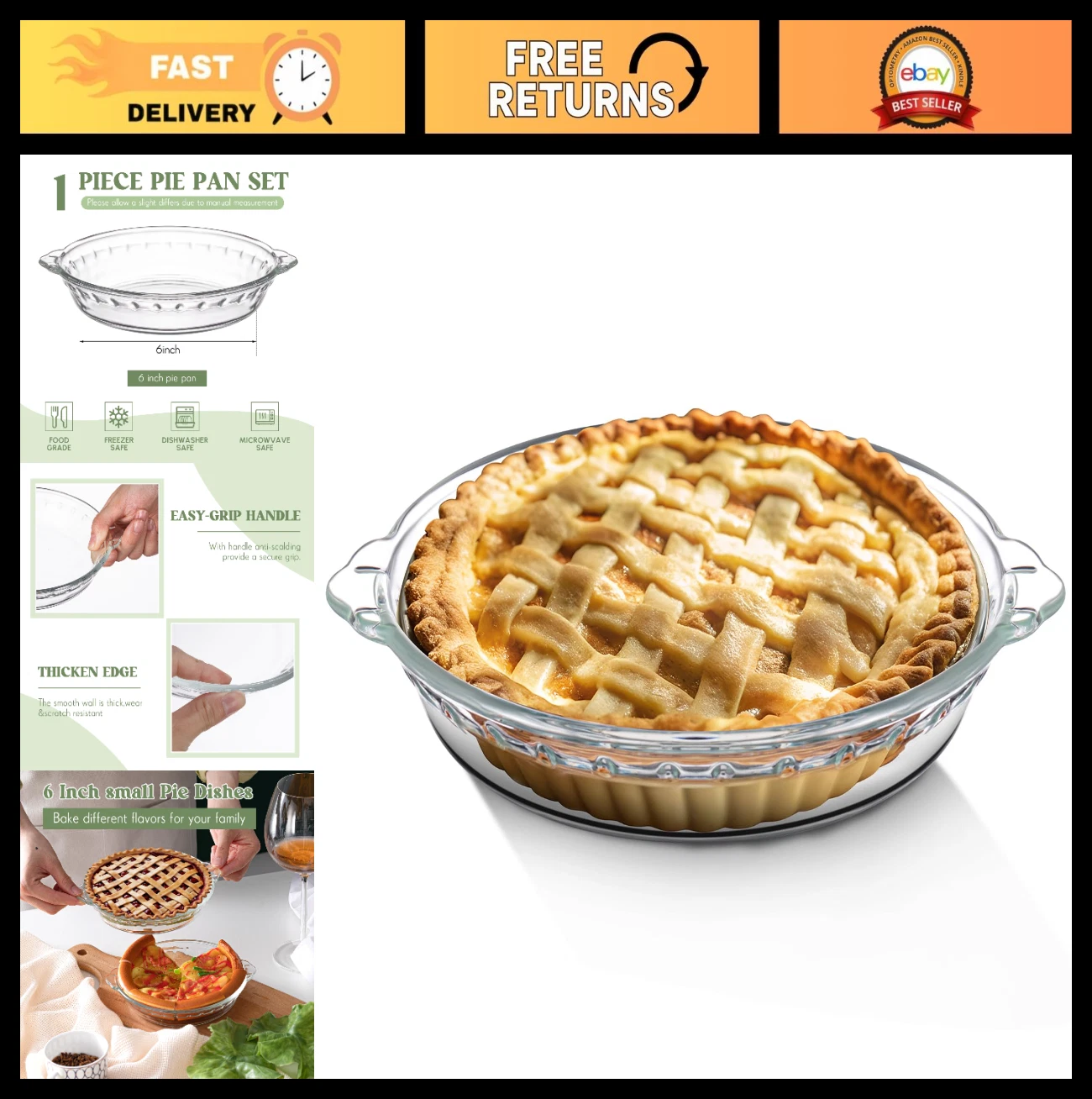6" Mini Glass Pie Pan with Handles - Clear Baking Dish for Desserts, Snacks, Sal