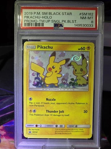 Team Up Black Star Promo Pikachu Ft. Mimikyu PSA 8 Perfect Swirl In HoloSM162
