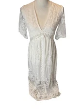 Eletwe White lace floor length fairy whimsical V-neck NWT! Cottage Core coquette