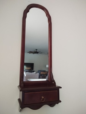  Vintage Bombay Wooden Queen Anne Style Cherry Console Wall Mirror With Drawer