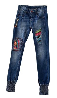 Desigual Jean Women's Sz 26/S Blue Slim Embroidery Colourful Patch Elastic Hem - image 1 of 4