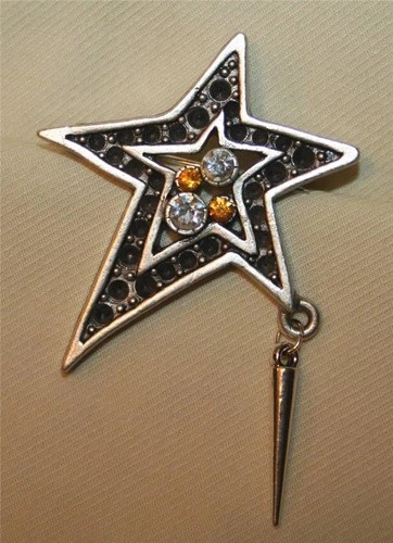 Handsome Sculpted Stylized Sloped Star White Amber Rhinestones Dangle Brooch Pin