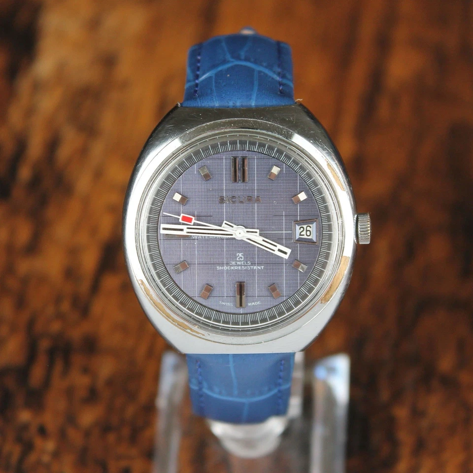 Vintage SICURA GRENCHEN Swiss Made Automatic Watch 25 Jewels Blue Dial Serviced - Image 2 of 4