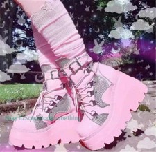 Womens Goth Biker Punk Ankle Boots High Wedge Heels Shoes Lace Up Platform Pumps