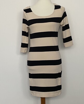 Forever 21 Dress Fitted Black Beige Striped 3/4 Sleeve Size LG