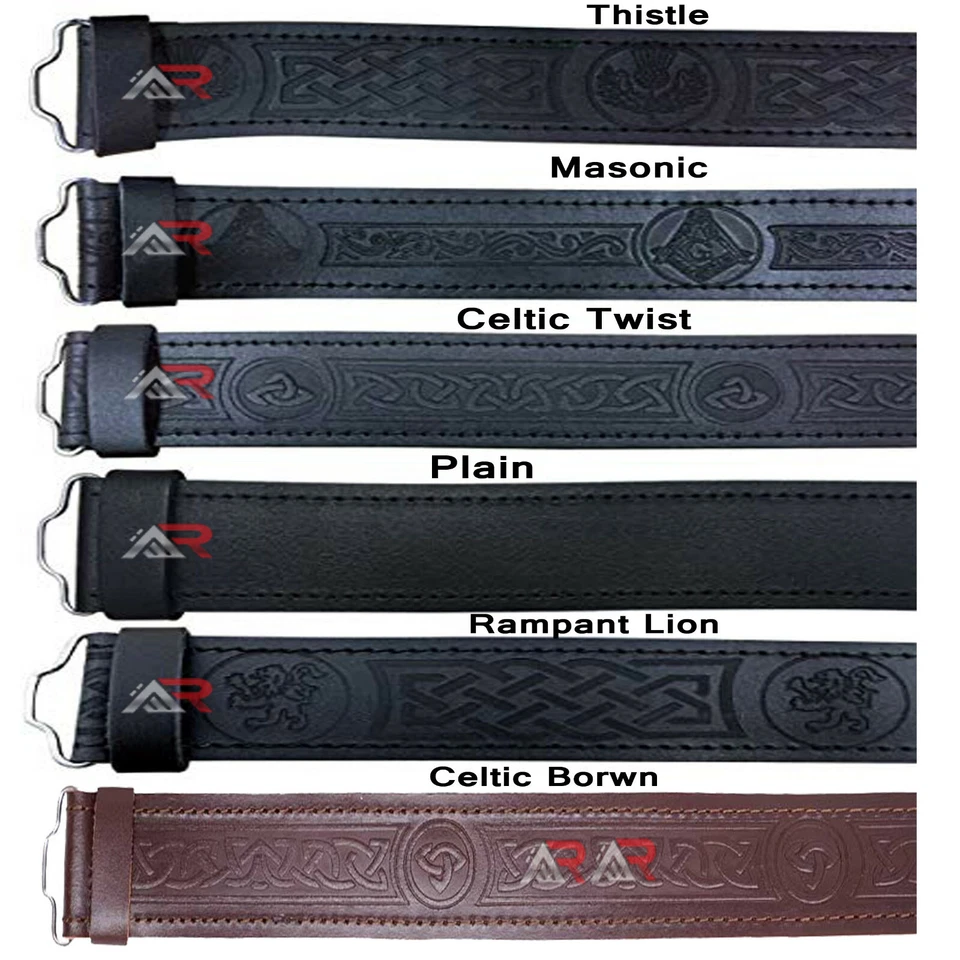 Leather Belts Kilt Scottish Highland Black Brown Embossed Without Buckle New AAR