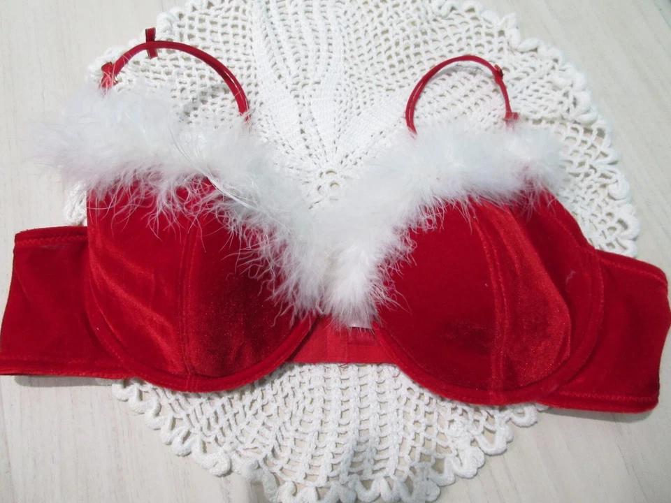 Сексуальный Санта костюм красный бархат 38C бюстгальтер Топ шорты перо Рождество Bombshell 2шт - Изображение 2 из 4