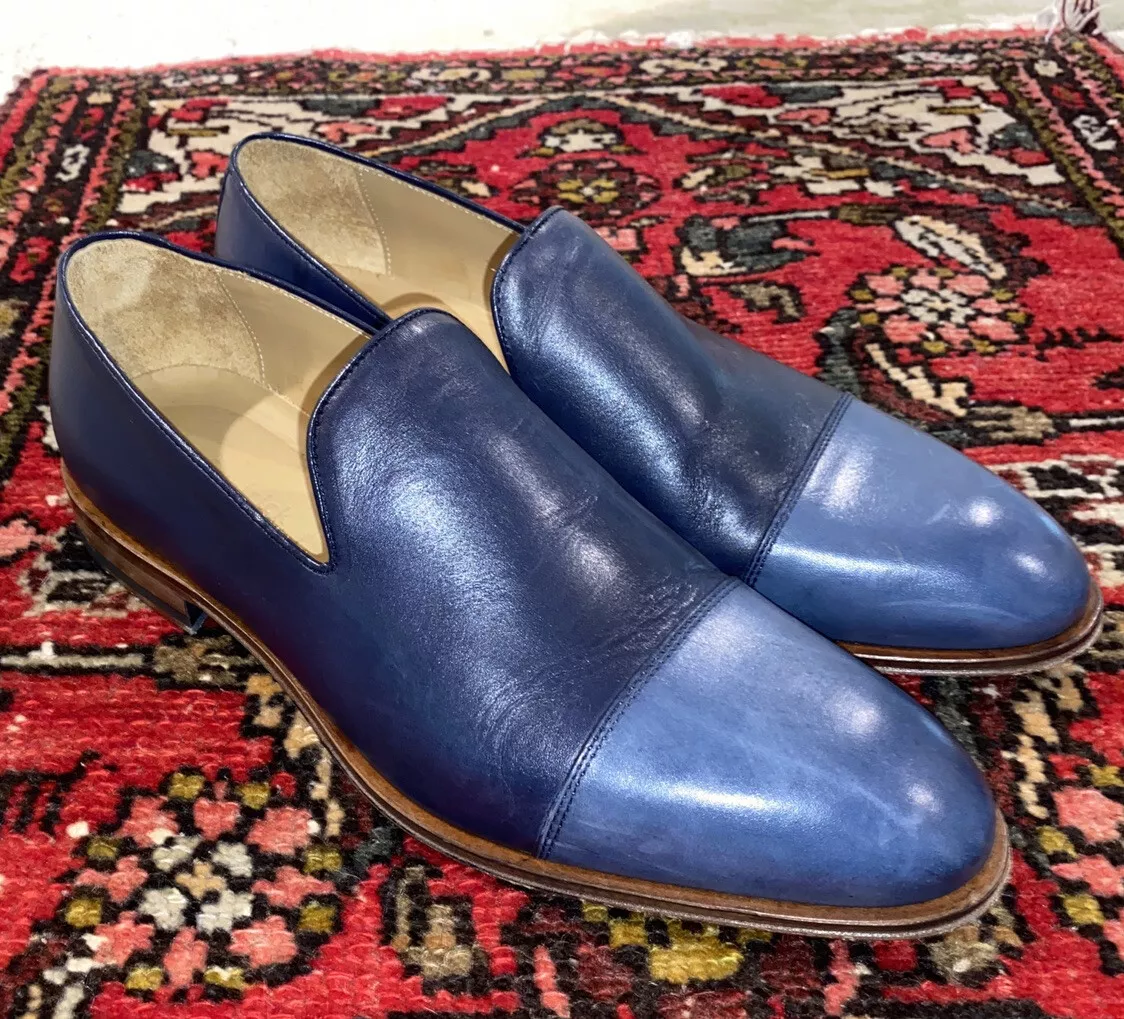 Mens Paul Fredrick Two Tone Blue Leather Slip On Loafer Shoes Sz