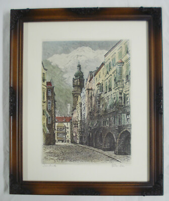 Innsbruck Austria Framed Hand Colored Etching by Helma Fischer-Oels