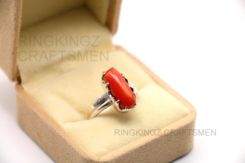 Anillo Rojo Natural Para Hombre Plata de Ley 925 Piedra Merjan Corte Rectangular Talla 9 Foto 3 de 4