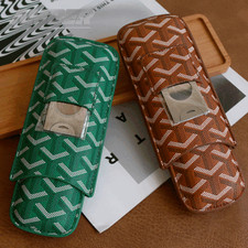 Leather Cigar Holder Case Humidor 2 Cigars Cedar wood green brown