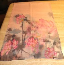 Oblong floral scarf; semisheer; pink  gray tones, gold; 62x19; polyester