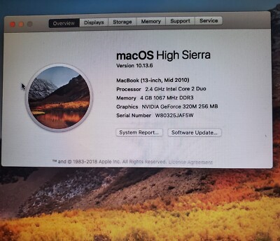 Apple MacBook Unibody 13.3'' - 2.4GHz Intel C2D| 4GB /500GB HD| macOS HIGH Sierra