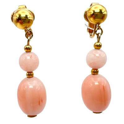 Vintage Trifari Faux Angel Skin Coral Drop Dangle Bead Clip Earrings