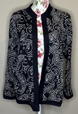 Victor Costa Occasion Jacket Womens Sz M Black White Art Embroidered Linen Open