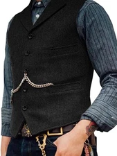 Mens Wool Tweed Vest Classic Herringbone Waistcoat Formal Dress Suit Jacket