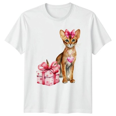 Aquarell Katze Kätzchen mit rosa Damen T-Shirt Abessinier Katze Haustier Valentinstag