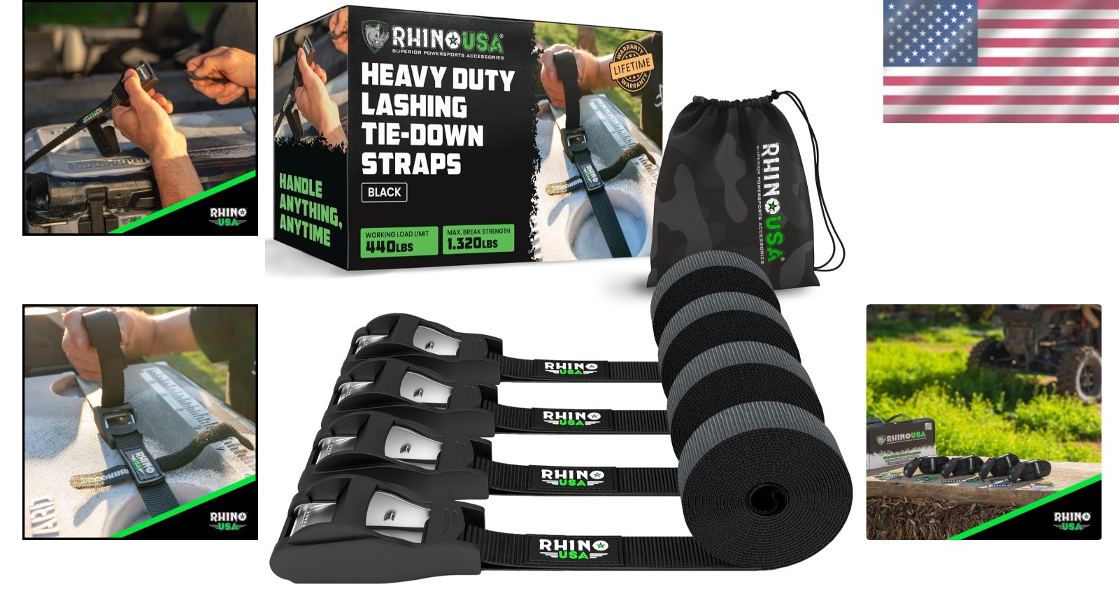 Rhino USA Ratchet Straps Tie Downs (4-Pack) - 1 Inch x 12 Feet (1,320lb Break