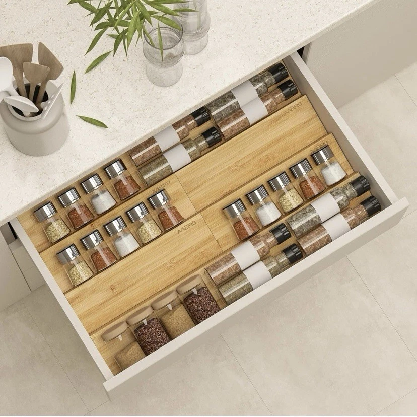 AMBIRD Bamboo Spice Organizer | Adjustable 4-Tier Drawer Rack | New in Box