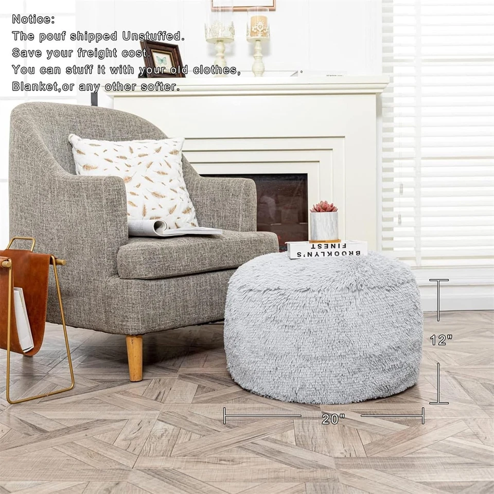 Cubierta de puf redonda gris claro en piel sintética - Reposapiés sin relleno, 20x20 pulgadas Foto 4 de 4