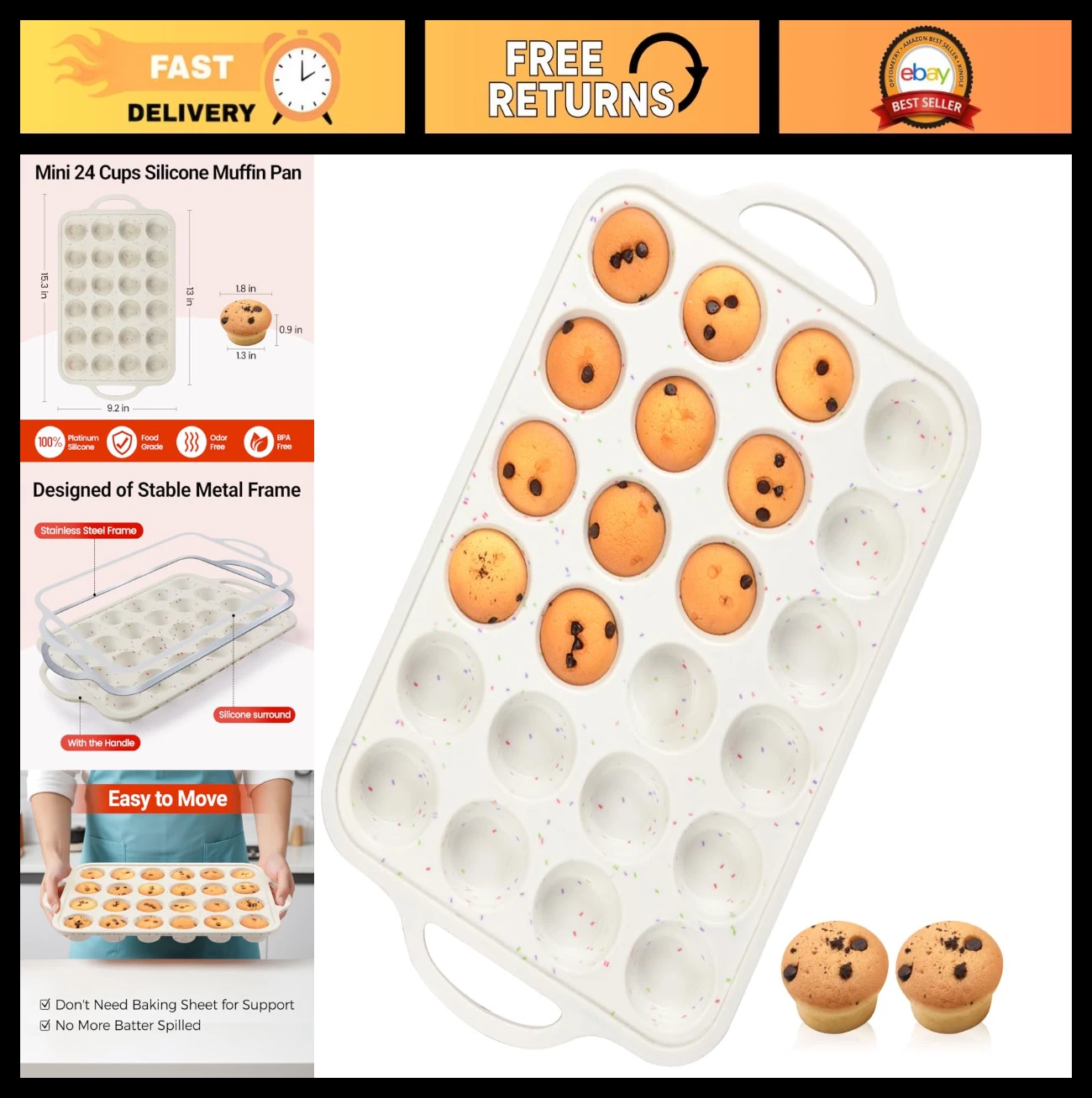 Mini Cupcake Pan 24 Cups Nonstick Silicone Muffin Tray, Easy to Handle for Bakin