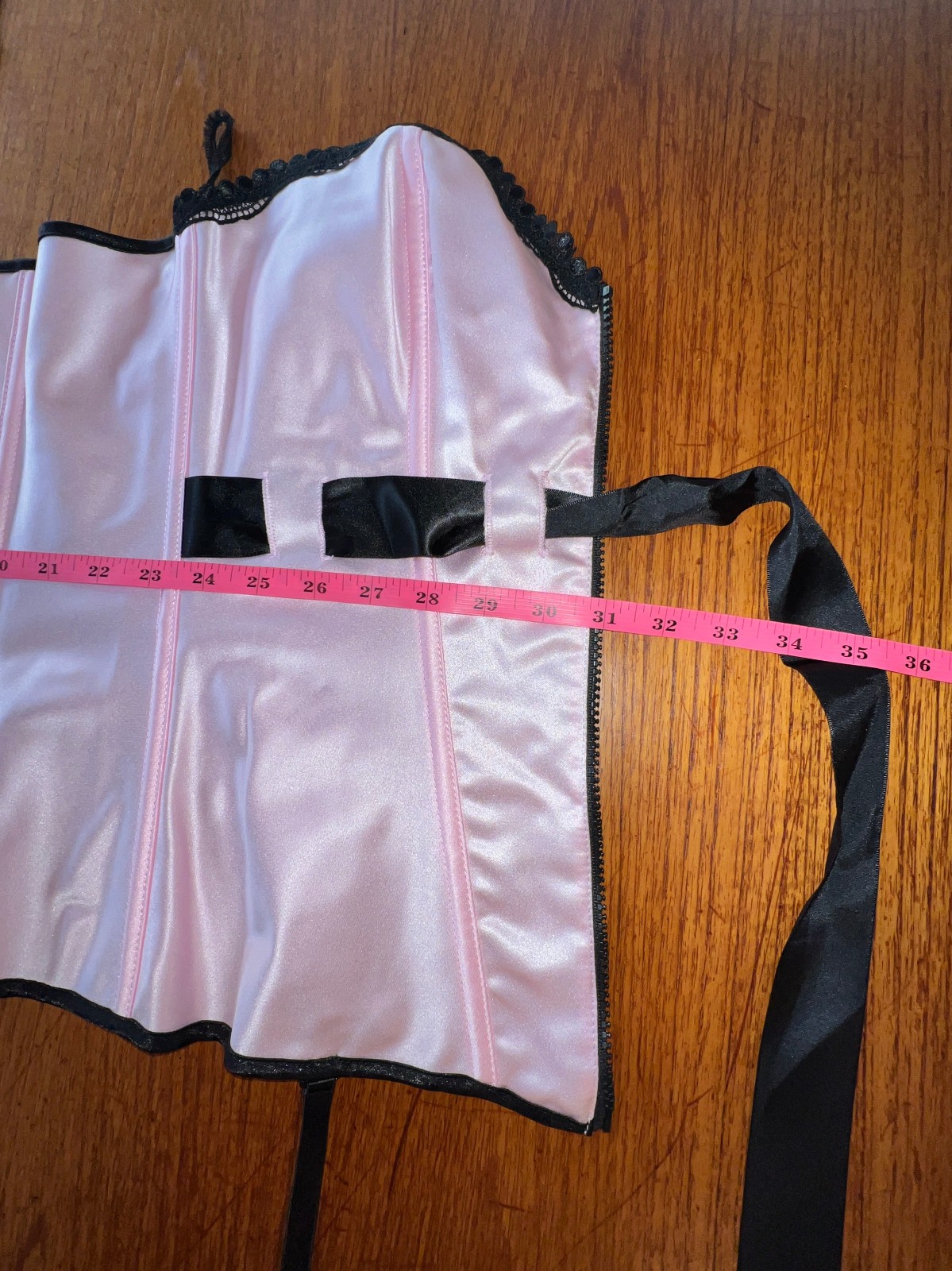 NWT! Shirley Of Hollywood, Ft Zip Corset In Pink Satin W/Black Lace Trim, Sz 36